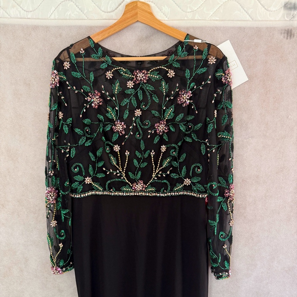 Mac Duggal Black Maxi Dress with Green Floral Embroidery - Picture 4 of 8